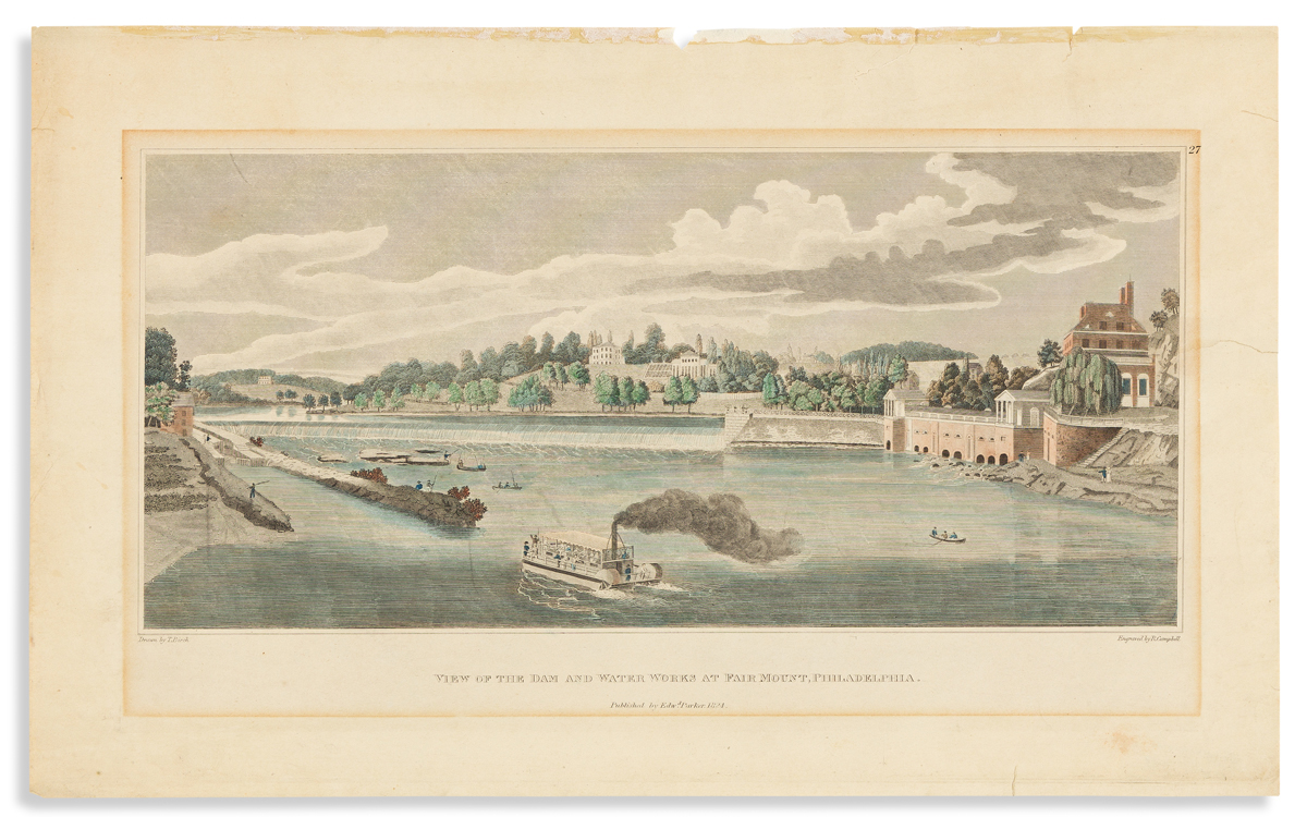 (COMMERCE & EXPANSION.) Pair of early views of Philadelphias Fairmount Water Works.